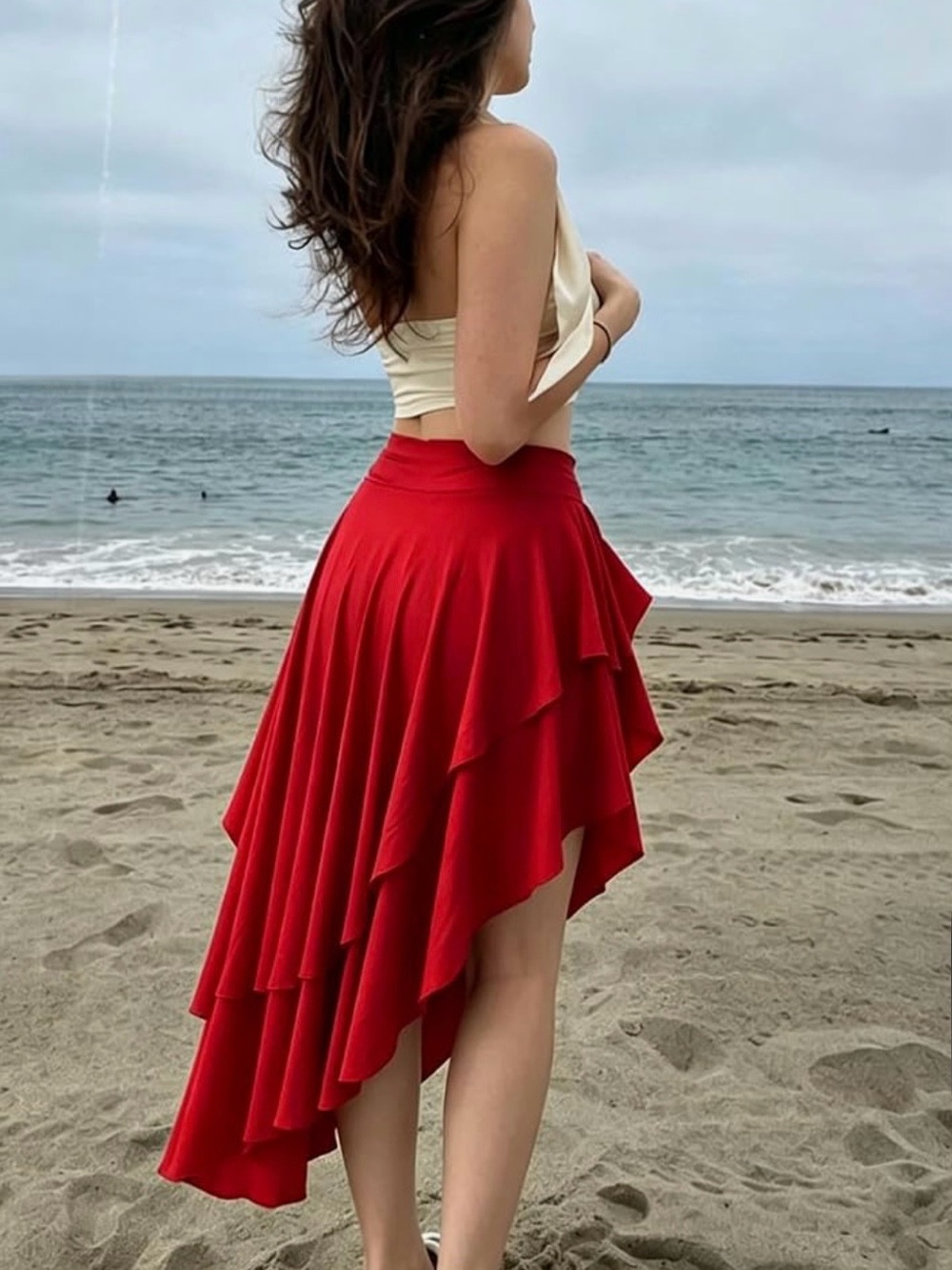 Red  Ruffled Asymmetrical Skirt. - Picture 4 of 10
